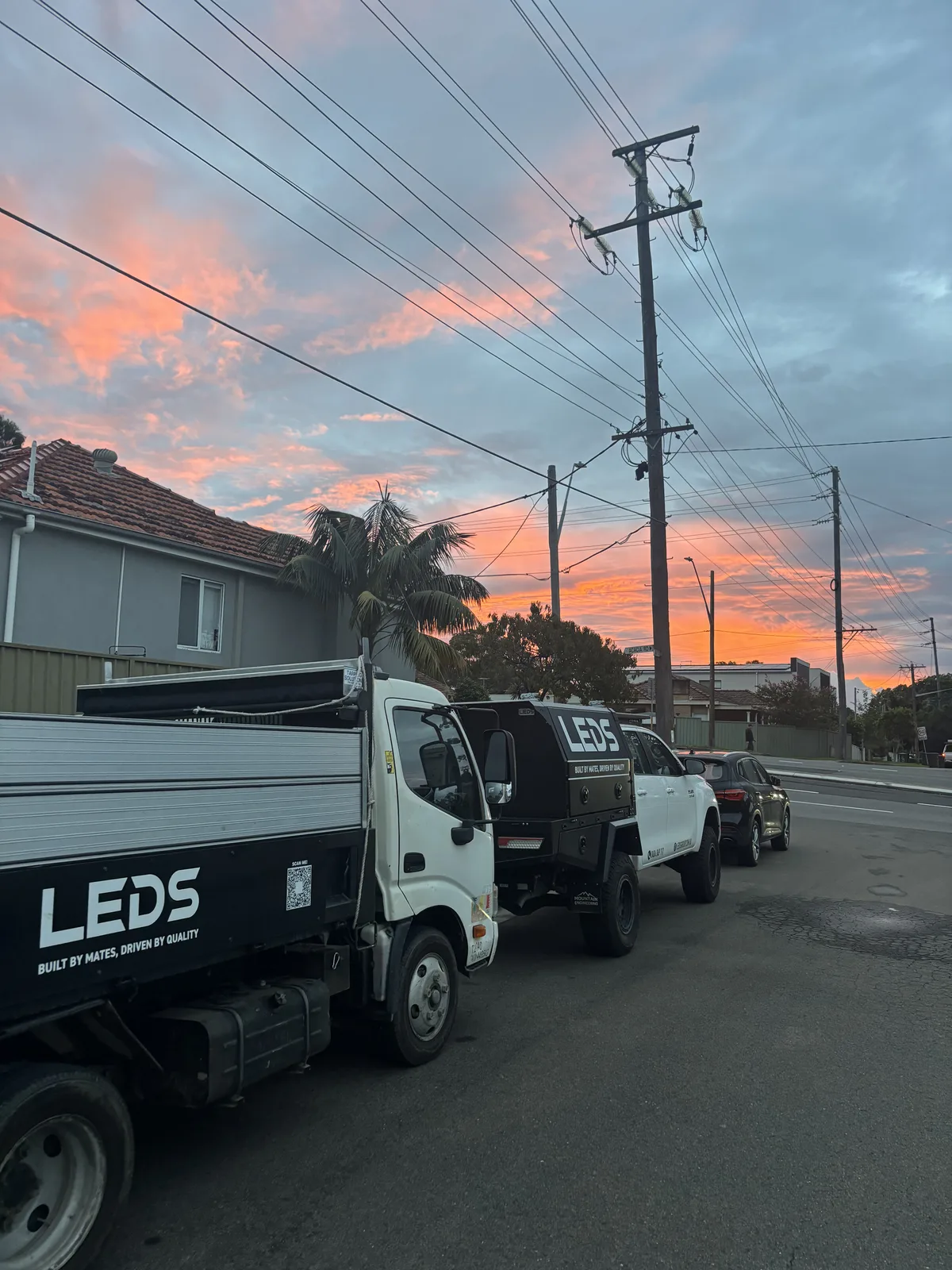 LEDS trucks heading out at sunrise